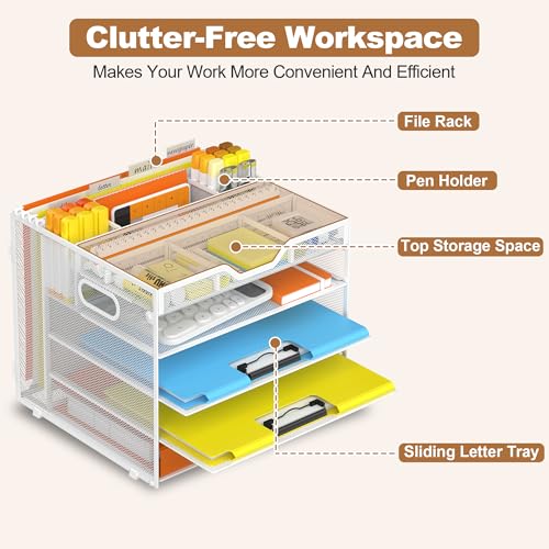 Docnest 5 Tier Desk Organizer with Hanging File Folder Holder&Tray, White - color: White, size: 12.6"x11.8"x10.3"