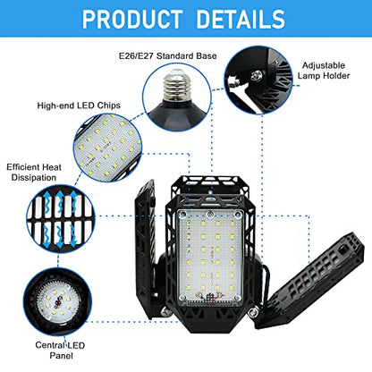 2-Pack LED Garage Light,150W Deformable Garage Ceiling Lights,15000LM, 4 Adjustable Panels, E26/E27 Shop Lights for Basement, Barn, Workshop,High Bay Light - size: 4+1P 2Pack/F