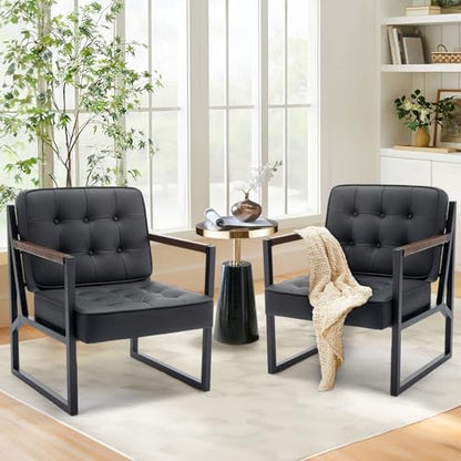 COLAMY Mid Century Modern Accent Chair Set of 2, Comfy Living Room Chair, Black Leather Accent Chair, Faux Leather Reception Armchair with Metal Legs for Living Room Bedroom Reception Office, Black - color: Black, size: Set of 2