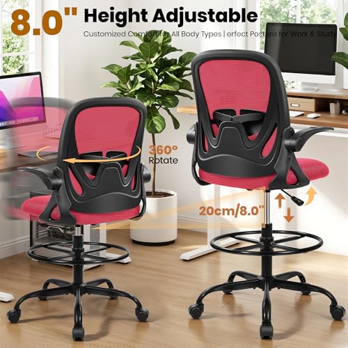 Drafting Chair Tall Office Chair with Flip-up Armrests Executive Ergonomic Computer Standing Desk Chair with Lumbar Support and Adjustable Footrest Ring (Fire Brick) - color: Fire Brick, size: 934-Z