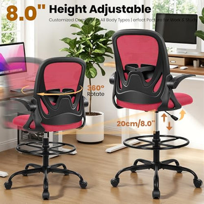 Drafting Chair Tall Office Chair with Flip-up Armrests Executive Ergonomic Computer Standing Desk Chair with Lumbar Support and Adjustable Footrest Ring (Fire Brick) - color: Fire Brick, size: 934-Z