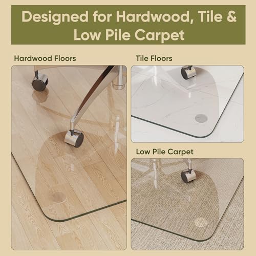 36"x55" Tempered Glass Chair Mat for Hardwood Floor & Carpet | 0.2" Thick Heavy-Duty Tempered Glass With 4 Non-Slip Pads, Smooth Rolling Surface Protects Floors From Scratches And Cracks - size: 36" x 55"