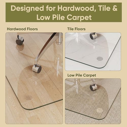 36"x55" Tempered Glass Chair Mat for Hardwood Floor & Carpet | 0.2" Thick Heavy-Duty Tempered Glass With 4 Non-Slip Pads, Smooth Rolling Surface Protects Floors From Scratches And Cracks - size: 36" x 55"