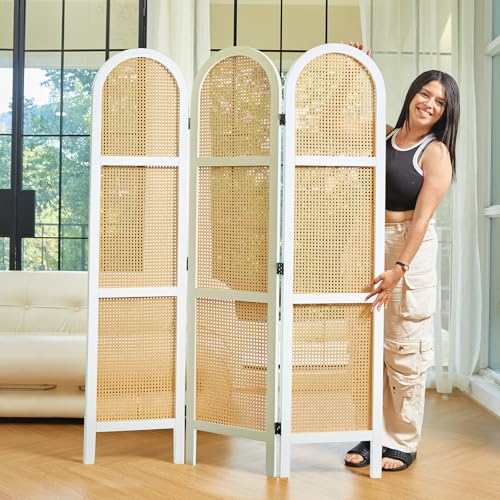 Svimi Room Dividers and Folding Privacy Screens, Pine Wood 5.6 Ft Double Hinged Rattan Partition Freestanding Wall Room Divider for Home - 3 Panels (White) - color: White, size: 3 Panels