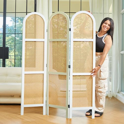 Svimi Room Dividers and Folding Privacy Screens, Pine Wood 5.6 Ft Double Hinged Rattan Partition Freestanding Wall Room Divider for Home - 3 Panels (White) - color: White, size: 3 Panels