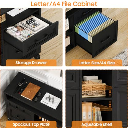 Halitaa Farmhouse Filing Cabinet with Adjustable Shelf & Wheels, Pure Black - color: Pure Black, size: 4 Drawers&Wheels