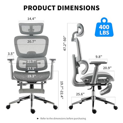Mesh Ergonomic Office Chair with Footrest, Grey | High Back, Lumbar Support, Adjustable Headrest and Armrests, Gaming Chair,Home Office Desk Chair - color: Grey, style: Modern