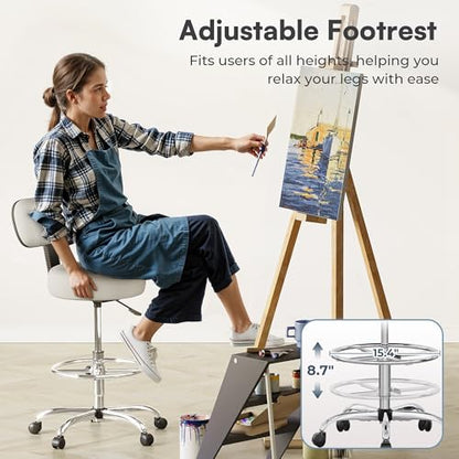 SUPERJARE Drafting Chair with Backrest, Adjustable Foot Rest Rolling Stool | Multi-Purpose Shop Stool, Drafting Stool, Office Desk Chair, Bar Stools with Thick Seat Cushion for Home Bar Kitchen, White - color: White