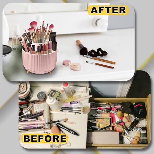 WILL OAK Makeup Brush Organiser - Large Compartment Cosmetic Organizer -Eyeliner, Nail Polish, Art Supply, Bathroom Vanity Desktop Organizer (Pink) - color: Pink