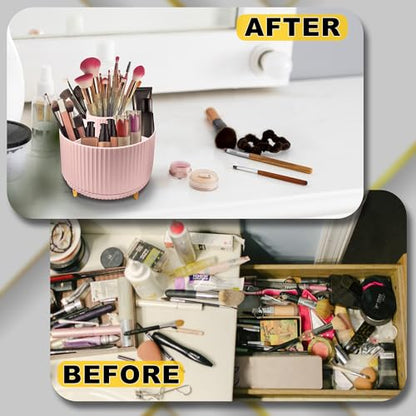 WILL OAK Makeup Brush Organiser - Large Compartment Cosmetic Organizer -Eyeliner, Nail Polish, Art Supply, Bathroom Vanity Desktop Organizer (Pink) - color: Pink
