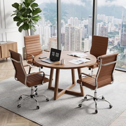 Okeysen Brown Conference Room Chairs, Modern Ergonomic PU Leather Office Desk Chair Ribbed for Office, High Back Executive Swivel Rolling Task Chair for Home - color: Brown