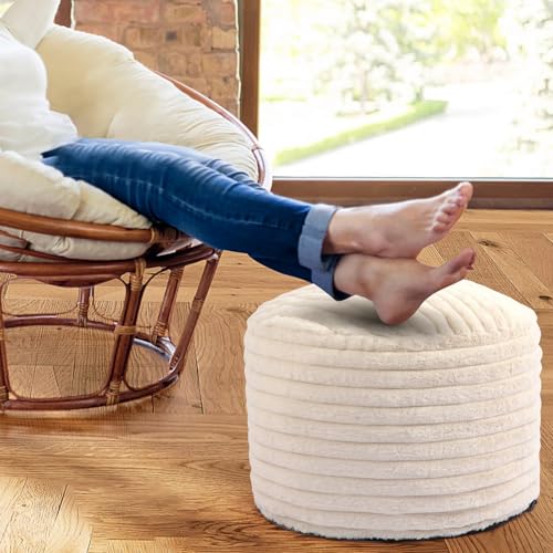 Round Stuffed Pouf Ottoman Foot Rest for Couch Round Ottoman with Foam Chunk Filling Stripe Faux Fur Ottomans for Living Room Floor (20"x15",Beige) - color: B-beige, size: 20"D x 20"W x 15"H