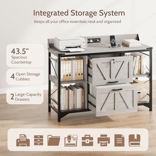 44" File Cabinet, Lateral Filing Cabinet for Home Office with 2 Drawers, Office Storage Cabinet with Lock and Key, Wooden Printer Stand with 4 Storage Shelves and Power Outlets, Office Furniture, Grey - color: Grey