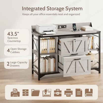 44" File Cabinet, Lateral Filing Cabinet for Home Office with 2 Drawers, Office Storage Cabinet with Lock and Key, Wooden Printer Stand with 4 Storage Shelves and Power Outlets, Office Furniture, Grey - color: Grey