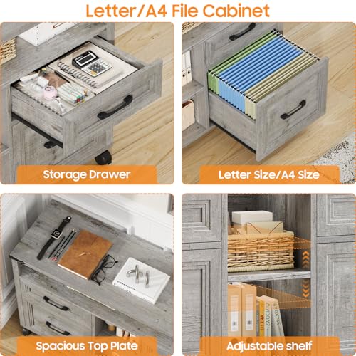 Halitaa Farmhouse Filing Cabinet with Adjustable Shelf & Wheels, Grey - color: Grey, size: 4 Drawers&Wheels