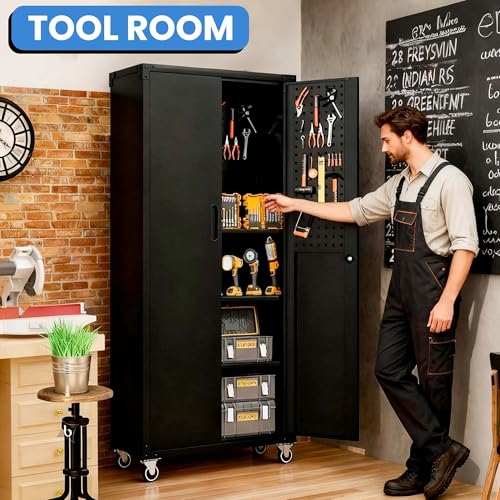 Metal Storage Cabinet for Garage, Tool Cabinet, Utility Cabinet - color: Black, size: L - 2 Doors & Pegboard (Wheeled)