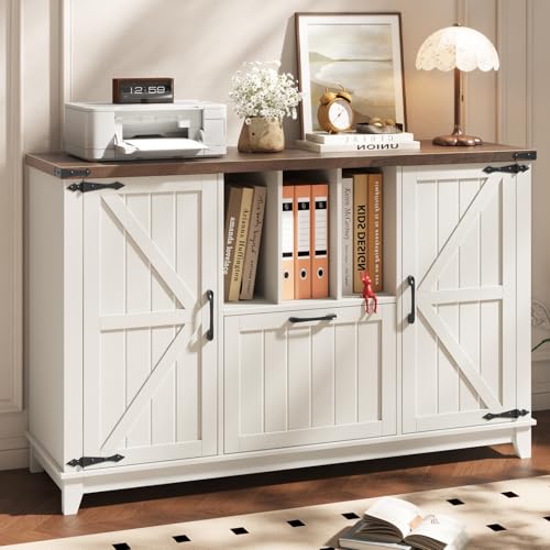 Vabches Lateral File Cabinet, Rustic White Farmhouse Filing Cabinet | File Cabinet with Storage Shelves for Legal/A4/Letter Size Hanging Files, Large Modern Printer Stand for Home Office
