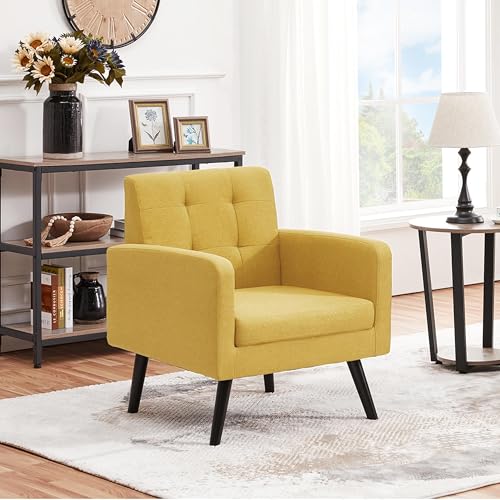 Yaheetech Mid Century Accent Chairs Set of 2 Living Room Chairs Yellow | Linen-Like Upholstered Sillones Para Sala, Modern Reading Nook Chairs, Button Tufted Back, Rubberwood Legs, Bedroom Office - color: Yellow, size: set of 2