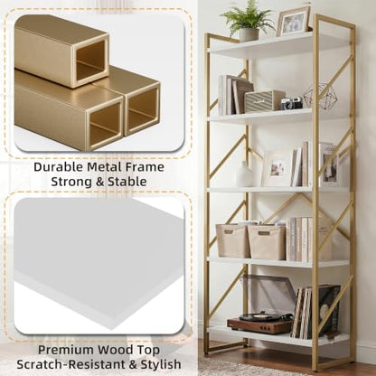JAMFLY 5 Tiers Bookshelf, Classically Tall Bookcase Shelf,Industrial Book Rack,Modern Book Holder in Bedroom/Living Room/Home/Office, Gold - color: Gold-framed Whitewood