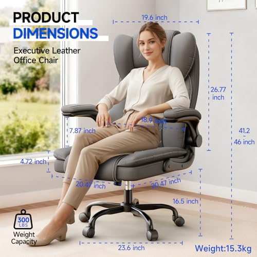 Ergonomic Executive PU Leather Office Chair with Lumbar Support, Home Office Desk Chair for Back Pain Relief, 135° Recline - color: Grey