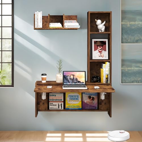 Folding Wall Mounted Drop Leaf Table, Foldable Desk with Moveable Cabinets, Floating Laptop with Convertible Storage Shelves, Multifunctional Computer Workstation in Home for Space Saving - color: Rustic Brown