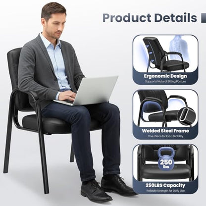 Modern Conference Room Chairs with Arms, PU Leather Padded Guest Chair with Welded Steel Frame, Ergonomic Office Reception Chair, 300LBS, Waterproof & Easy to Clean,Black,Set of 4