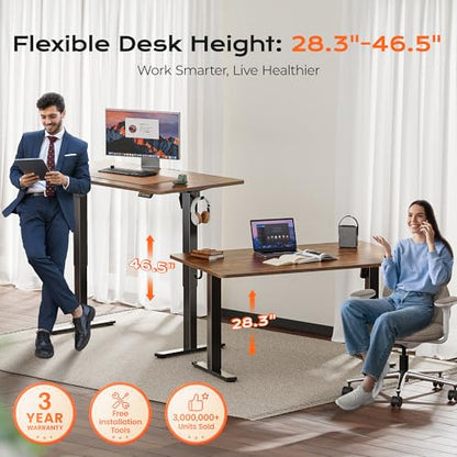Huuger 55 x 28 Large Electric Standing Desk, Height Adjustable Computer Desk, 27.6" Deep Desktop, Stand up Gaming Office Desk with 2 Hooks, 3 Preset Heights, for Home Office, Rustic Brown - color: Rustic Brown, size: 55*28 inch (no outlets)