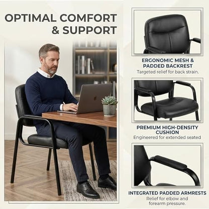 Office Reception Guest Chairs, Ergonomic Leather, Set of 6 | Waiting rooms, conference spaces, clinics, padded armrests, metal frame, no wheels, adults, home office, easy assembly - color: Inky, size: Set of 6