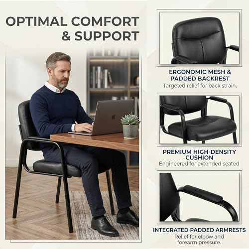 Office Reception Guest Chairs, Ergonomic Leather, Set of 2 | Waiting rooms, conference spaces, clinics, padded armrests, metal frame, no wheels, adults, home office, easy assembly - color: Inky, size: Set of 2