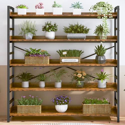 HCHQHS 5 Tier Bookshelf, Adjustable Industrial Bookcase, Vertical Tall Book Shelf, Wood and Black Metal Open Bookshelves for Home Office, Living Room, Bedroom - color: Rustic Brown, size: 5-Tier (47"W x 57"H)