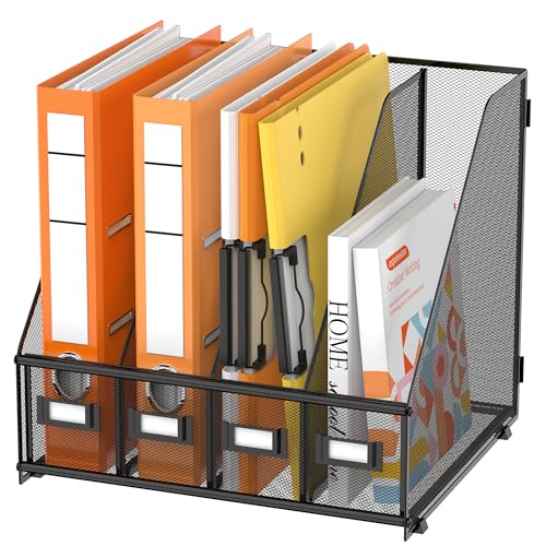DALTACK 4-Slot Magazine File Holder, Metal Binder Holder, Black | Iron Mesh Construction, Labeled Sections for Easy Sorting, Anti-Slip Feet, Binder and Folder Storage for Office, Classroom - color: Black, size: 4Rack
