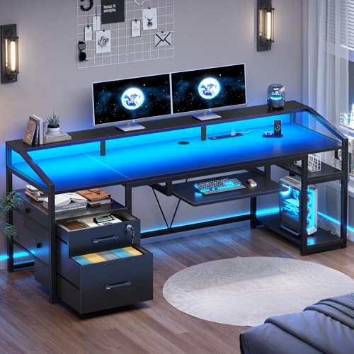 SEDETA 63" Computer Desk, Office Desk with Lockable Drawers for Legal/Letter File, Gaming Desk with LED Lights & Power Outlet, Home Office Desks with Storage, Black - color: Black, size: 63"