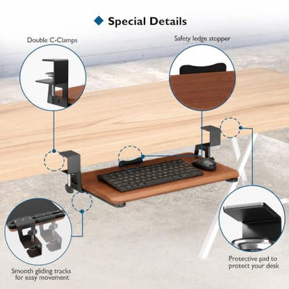 BONTEC Under Desk Keyboard Tray, Pull-Out Keyboard & Mouse Platform | C-Clamp Mount, Space-Saving Ergonomic Slide-Out Drawer, 31.3 in Including Clamps, 20 x 11.8 in Tray, Walnut - color: Walnut, size: 20" x 11.8"