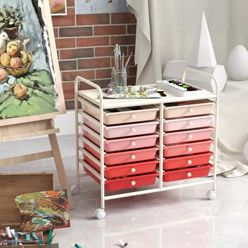 LDAILY Rolling Storage Cart with 12 Drawer for Classroom Storage, Pink - color: Gradient Pink, size: 12 Drawer