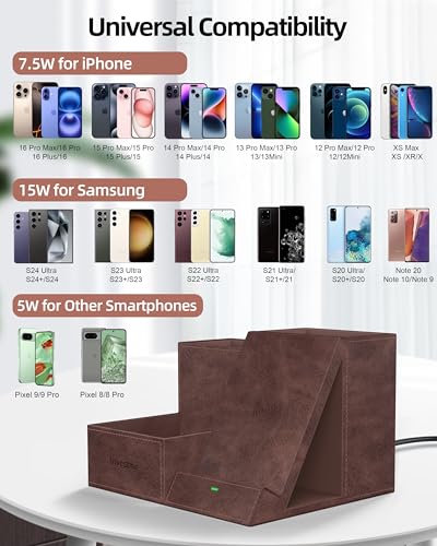 Wireless Charger with Desk Organizer, 3 Compartments and 1 Phone Stand - color: Dark Brown