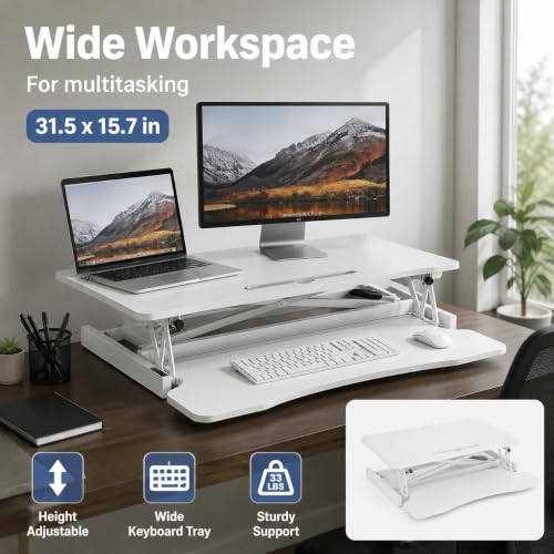 32" Height Adjustable Sit Stand Desk Converter, Dual Monitor Laptop Riser, Black (Desk Converter (White)) - color: Desk Converter (White)