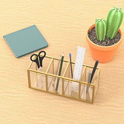 NIUBEE Gold Acrylic Pen Holder 4 Compartments, Desk Office Pencil Cup Desk | Scratch-resistant thick acrylic with 4 slots for pens, pencils, makeup brushes, office, vanity and school use - color: Gold, size: 4 Cube