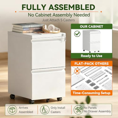 SAWJEC 2 Drawer Rolling File Cabinet Fully Assembled, White | Fully Assembled, Metal Under Desk Filing Cabinet with Lock & Wheels, 17"D x 15"W x 26"H, Letter/Legal/A4, for Home Office - color: White, size: 26"H x 15"W x 17"D