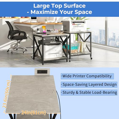 METYERRY 23.6"x23.6" Large Printer Stand with Power Outlet | 2 Tier Storage Shelf, 200 lbs Heavy Duty, Industrial Wheels, Fits 3D Printers, Laser Printers and Heat Press, Home Office - color: Greige