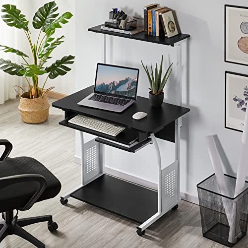 Yaheetech Small Rolling Computer Desk with Hutch and Storage Shelves, Black - color: Black