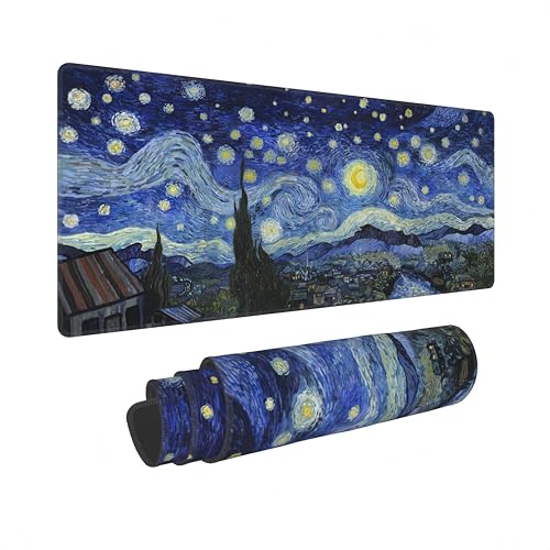 Starry Night Gaming Desk Mat,Large Van Gogh Art Mouse Pad,31.5x12 in | XL Extended Post-Impressionism Art Decor Mousepad,Stitched Edges & Micro Woven Cloth Washable Keyboard Mat,80x30cm - color: Starry Night