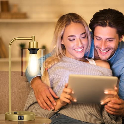 Nintiue Industrial Touch Table Lamps Set of 2-2 USB Ports & AC Outlet Nightstand Lamps, 3-Way Dimmable Bedside Desk Lamp for Living Room Bedroom, Glass Shade & 2 LED Bulbs Included - Brass - color: Brass(2 pack) - Clear Glass-Touch Control