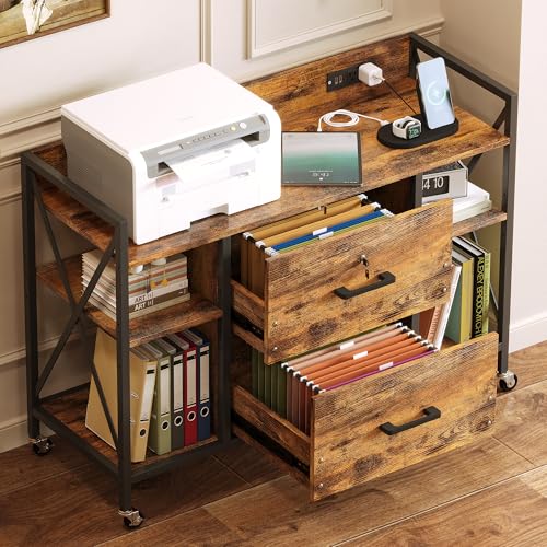 Office File Cabinet, 2 Drawer File Cabinets with Lock, Filing Cabinet with Power Outlets, Adjustable Shelves, Rolling Storage Cabinets for Home Office, Vintage