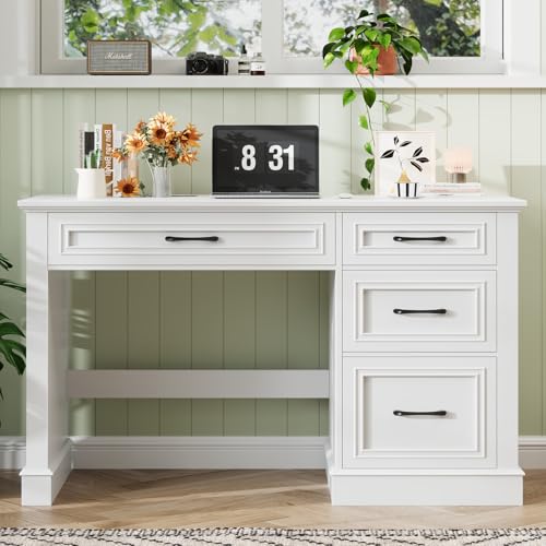 Halitaa Farmhouse 47" Executive Desk with File Drawer, Cream White | Computer Desk with 4 Drawers, Workstation for Writing, Study, Home Office - color: Cream White, size: 47''W - Style 2