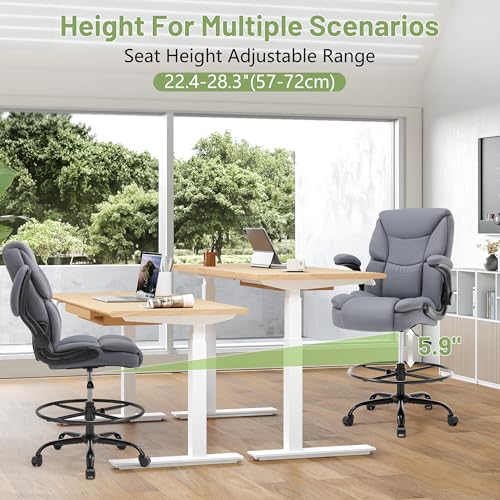 500LBS Drafting Chair, High Back Safer Standing Desk Chair, Executive Tall Office Chair with Flip-up Armrests, Upholstered PU Leather Task Chair, Ergonomic Seat with Adjustable Height&Foot Ring, Grey - color: Grey