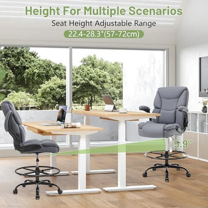 500LBS Drafting Chair, High Back Safer Standing Desk Chair, Executive Tall Office Chair with Flip-up Armrests, Upholstered PU Leather Task Chair, Ergonomic Seat with Adjustable Height&Foot Ring, Grey - color: Grey