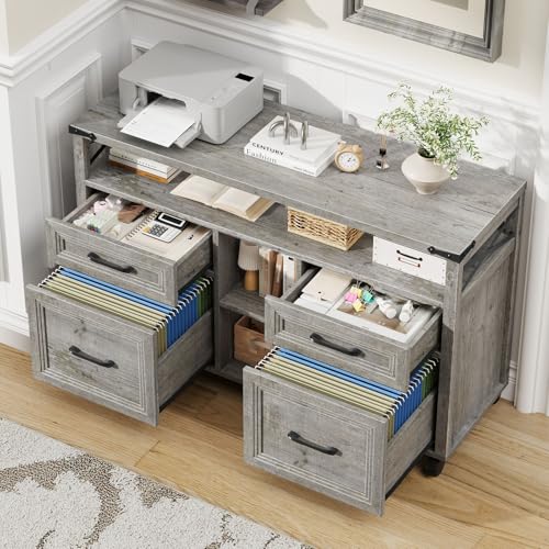 Halitaa Farmhouse Filing Cabinet with Adjustable Shelf & Wheels, Grey - color: Grey, size: 4 Drawers&Wheels