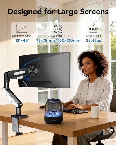 HUANUO Ultrawide Monitor Arm for 13 – 40" Screens, Single Monitor Mount Holds up to 26.4lbs, Adjustable Monitor Stand with C-Clamp & Grommet Base, VESA Mount 75x75mm/100x100mm