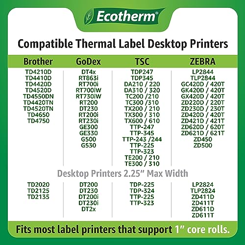 2.25" x 1.25" Thermal Labels | 6 Rolls | 12600 Labels | fits Zebra, Munbyn, Rollo, Godex, Arkscan, iDPRT, Offnova Thermal Label Printers and More | Blank White Adhesive Stickers by Ecotherm - size: 2.25 x 1.25 - 12600 Labels