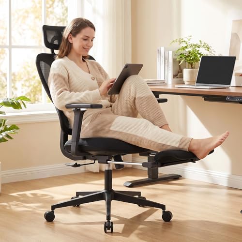 Ergonomic Office Chair with Footrest and Dynamic Lumbar Support, Black | Reclining high-back computer chair, memory foam seat, 4D armrests, 2D headrest, mesh desk chair for home office, long hours - color: Black